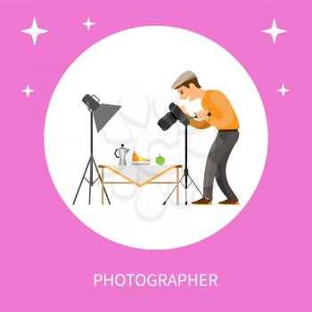 Photographer making shot of still life composition. Man with camera taking photo, teapot near fruits on table under spotlight vector isolated in circle