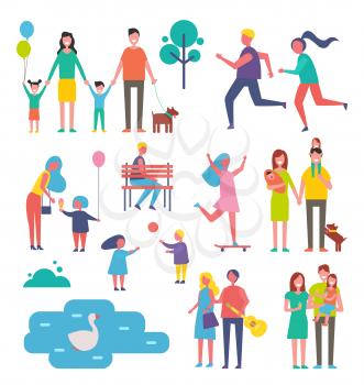 Children and family set isolated icons. Running people, couple with kids and newborn child. Man on bench, couple holding guitar, skating girl vector