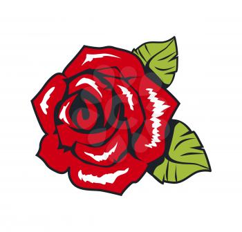 Red rose with green leave popular rock and punk culture sign and tattoo sketch variation. Flower flat vector illustration as thematic design element.