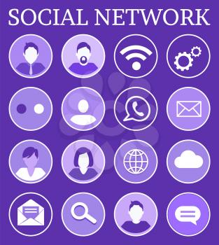 Social network poster and icons set vector. Isolated signs of people profiles, wifi connection symbol and magnifying glass tool. Globe and message