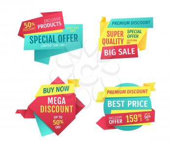 Special offer banners set, vector design icons. Mega sale and discount, premium quality, exclusive products, super price, limited time only promotion