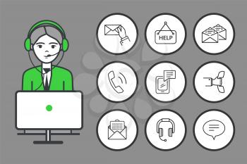 Male wearing headphones looking at laptop vector. Custom support service, isolated icons of chat and message in envelope, help symbol correspondence