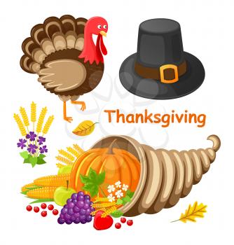 Thanksgiving day poster with text and symbolic items set vector. Isolated icons, pumpkin and hat, turkey animal, grapes and corn, leaves and wheat