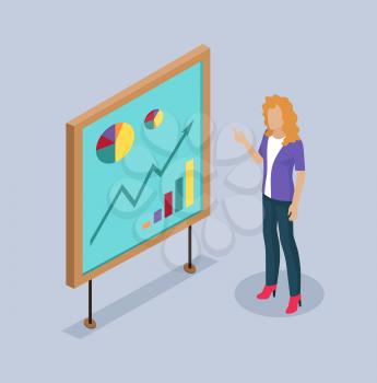 Woman presenter by whiteboard pointing data visual representation of info. Businesslady and pie diagram chart and increasing arrow isolated on vector