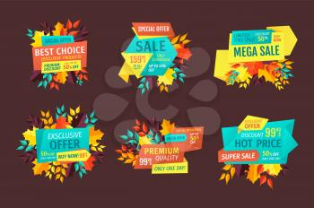 Discount and sale logos, autumn leaves or branches. Price reduction with off, special shopping offer for fall emblems vector illustrations isolated.