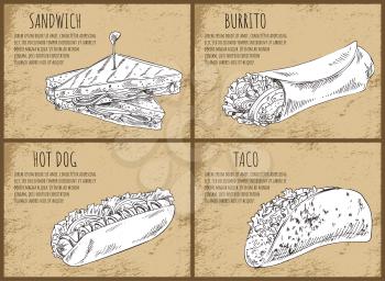 Sandwich taco and hot dog posters and text. Mexican traditional national dish toasted bread with cheese and meat. Monochrome sketches outline vector