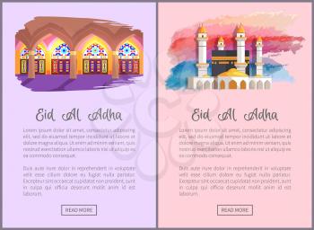 Eid Al Adha religious holiday info web pages set. Holy architectural constructions from inside and outside on online banners vector illustrations.