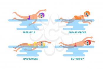 Breaststroke and freestyle, backstroke and butterfly swimming styles set. Water sport and professional swimmers showing ways to swim isolated vector