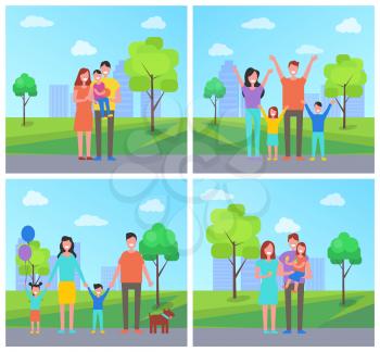Family walking in park vector banner cartoon style. Happy parents together with children, pets and toys having fun and play out of city in nature