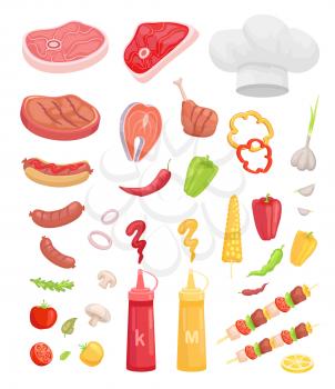 BBQ set, meat for barbecue and spice vector icon. Beef and fish steak, sausage and chicken, ketchup and mustard, veggie and herbs, kebab and headpiece