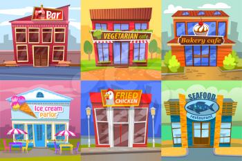 Bar vegetarian cafe restaurants set. Ice cream parlor, seafood dining place, bakery shop with cake decoration. Fried chicken roasted meat store vector