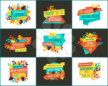 Sale with exclusive offer and best choice posters. Seasonal price reduction for autumn special off banners, fall leaves vector illustrations set.