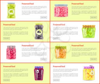 Preserved food banners set of canned products. Fruits, berries and vegetables in jars with marinade or juice web pages templates vector illustrations.