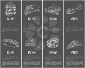 Fast food posters set dishes Italian pizza and American hamburger. Monochrome sketches outline posters. Donut and hot dog burrito and chips vector