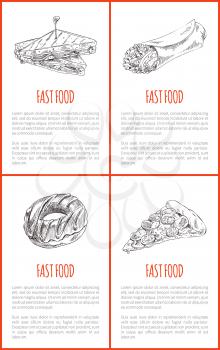 Fast food donut and sandwich set of posters. Pizza slice with cheese and sausages on top. Takeaway meal monochrome sketch outline with text vector