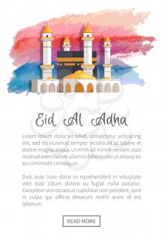 Eid Al Adha holiday promotion with black mosque among white towers. Holy sacred place for muslims on festive web page template vector illustration.