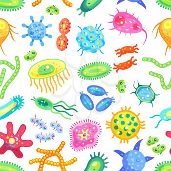 Microscopic bacteria seamless pattern on white, color vector illustration of microorganisms, biological banner with germs and viruses cartoon creatures