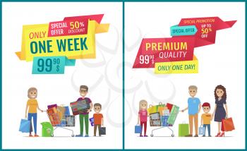 Special offer vector banner with people shopping. Premium quality, only one week or day, discount and promotion, happy family with packages and truck