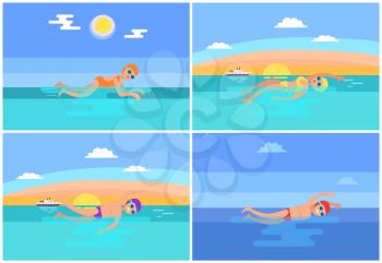 Backstroke and butterfly set vector. Professional swimmers performing freestyle and breaststroke swimming styles. Water expert sport sea activities