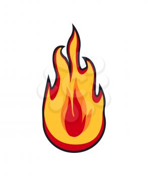 Fire patch closeup of emblem. Flames of red and orange color. Bright light sticker caused by burning and heat, badge isolated on vector illustration