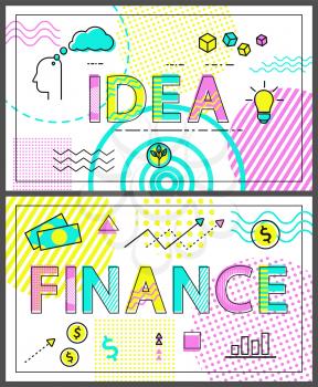 Idea and finance modern posters collection with healine, ecomomy creative thounghts of workers of business company, icons set vector illustration