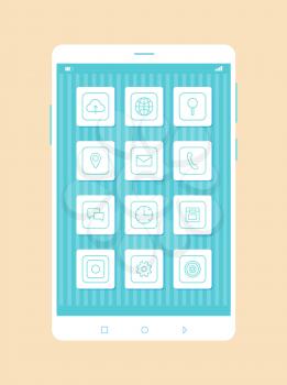 Phone development closeup, cell screen containing icons of settings, incoming messages, camera menu, time settings isolated on vector illustration