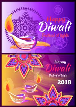 Happy Diwali festival of lights 2018 poster decorated with mandalas and candles on purple backgrounds. Vector illustration with holiday congratulations