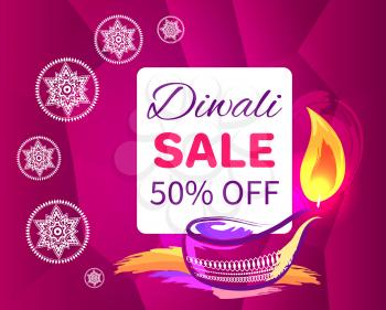 Diwali sale -50 off sign with festive candle on bright pink background. Vector illustration with discount dedicated to festival of lights discounts