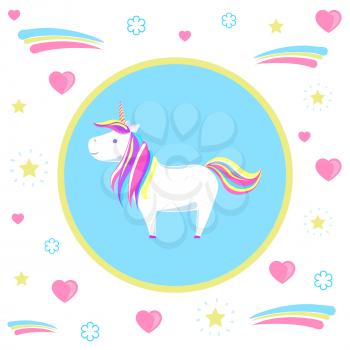 Unicorn with rainbow mane and sharp horn. Mysterious horse from fairy tales or legends in blue circle. Childish animal character vector isolated on hearts