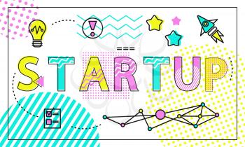 Start up poster and icons set, headline launched rocket flying upward to stars, plan what to do list, light bulb, exclamation mark vector illustration