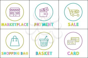 Web commerce linear buttons. Marketplace icon, payment function, sale info, shopping bag, small basket and credit card outline vector illustrations.