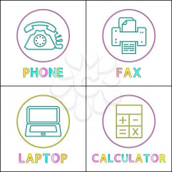 Phone and fax machine, laptop and calculator icons set in circle frame. Devices supplies for office use. Calculating and computing vector illustration