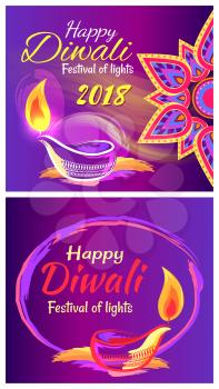 Happy Diwali festival of lights 2018 posters set with mandalas and candles on abstract background. Vector illustration with holiday congratulation
