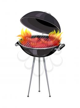 BBQ barbecue roaster isolated icon vector. Chafing dish with hot flames and fire and roasting meal. Sausages and frankfurters grilling on griddle