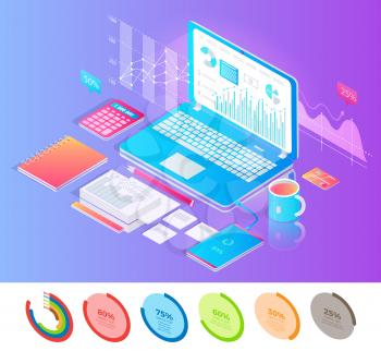Laptop surrounded with writing and working stuff cartoon vector banner. Diagram and chart on screen, loading emblem and stationery, 3d isometric style