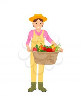 Woman holding basket with veggies isolated icon vector. Pepper and carrot, tomato and lettuce leaves vegetables. Farming and harvesting season work