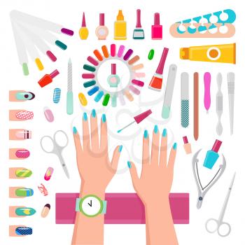 Nail polishes, instruments for manicure, pattern samples and womans hands in green watches isolated vector illustrations set on white background.