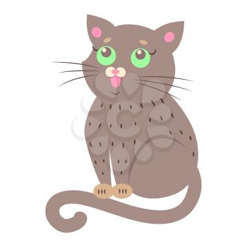 Cute funny brown cat vector flat cartoon sticker isolated on white. Adorable kitten pet illustration for game counters, price tags