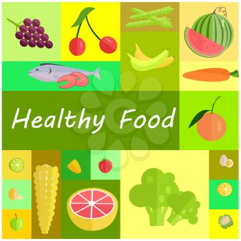 Healthy organic food set that includes tasty fruits, fresh vegetables and fish with delicious red meat vector illustrations set.