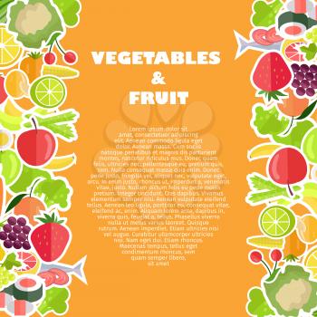 Vegetables and fruit banner with text on orange background. Vector illustration of yummy berries, vegetarian meal and ripe organic citruses
