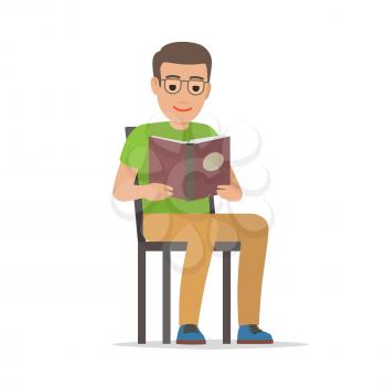 Young man reading textbook. Brown-haired male student seating on chair with book in hands flat vector isolated on white background. Enthusiastic reader illustration for educational and hobby concepts