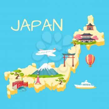 Travel in Japan touristic concept. Japaneses national, architectural and nature symbols on country map silhouette flat vector illustrations. Famous attractions for foreign tourists in Japan   