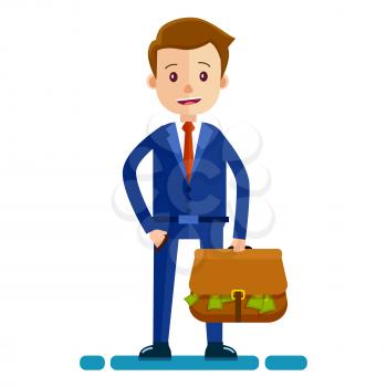 Cartoon businessman in blue suit, red tie and with briefcase full of money stands with happy face isolated on white background. Male cartoon character icon. Vector illustration of wealth and success.