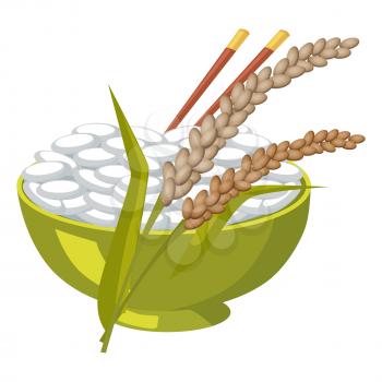 Green bowl with rice and chopsticks near its ears isolated on white. Vector illustration in flat design of healthy agricultural cereals