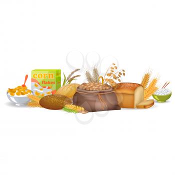 Cooked cereals in bowls, package of corn flakes, freshly baked bread and organic spikes isolated vector illustration on white background.