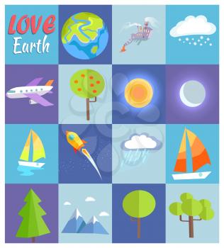 Love Earth vector illustrations in cells. Our planet, factory building, weather constituents, air and water crafts, green plants vector illustrations.