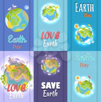 Love and save Earth day posters set. Planet with factory building, clouds and bright sun, silver moon, green plants and air crafts vector illustration.