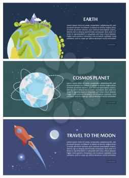 Earth cosmos planet travel to moon concept. Discovering new platents, start of life in space and saving Earth template vector poster withgreen trees and mountains