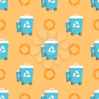 Seamless pattern with trash cans and recycling circles graphics of recycled waste process vector illustration. Clean environment protection concept wallpaper design