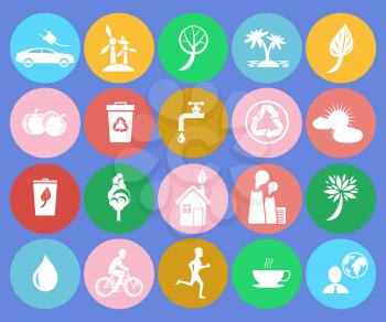 Ecology themed icons with vector illustrations of clean air maintaining, saving water, stop pollution, recycling, plant trees, keep healthy lifestyle.